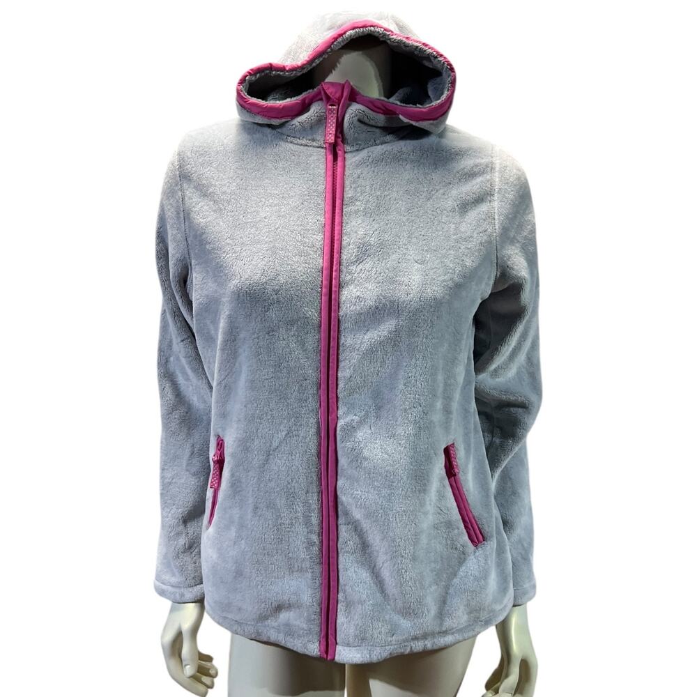 Lands' End Girls' Fleece Zip-Up Jacket XL (16+) Grey with Pink Accents Cozy